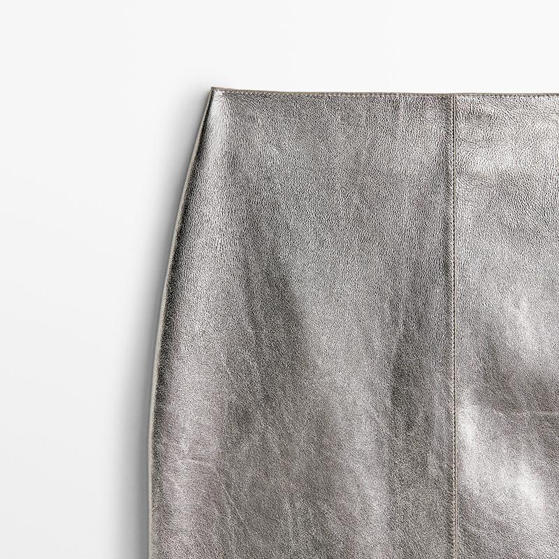Lady Luxury Leather Skirt Silver Women Skirt Short 2023 Spring Autumn Mini Dress Genuine Sheepskin TF5327