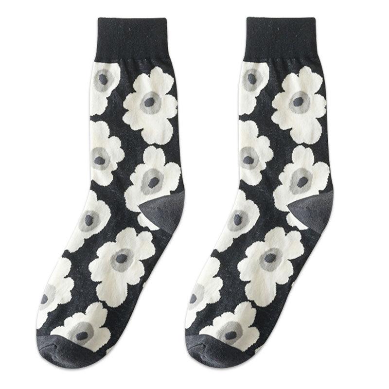 Socken in japanischem Stil mit Tiermuster, mittellang: Kuh, Zebra, Katzen-Design, Unisex, Schwarz & Weiß