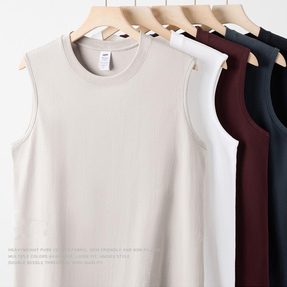 Summer 100% Cotton Men's Vest Casual Wide Shoulder O-Neck Sleeveless Tops Universal Solid Color Sports Fitness Loose Tank
