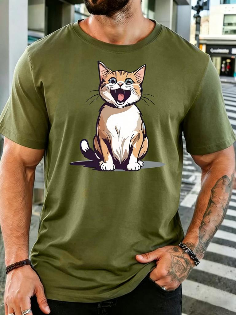 Loud Meowing Tabby Cat Cartoon Graphic Unisexs Crew Neck Short Sleeve Cotton T Shirt Cute Pet Animal Print Male Street Casual Top