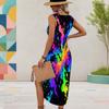 Women Plus Size U Neck Sleeveless Printed Midi Dress Abstract Gold Black High Side Slit