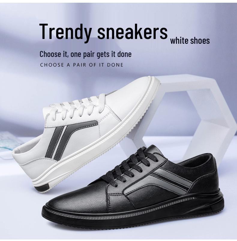 Men's Plus Size Korean Style Casual Cowhide Low-Top Lace-Up Sneakers - Trendy All-Season White Shoes