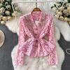 Women's Elegant Embroidered Beaded Lace V-Neck Shirt & Pleated Long Skirt Set