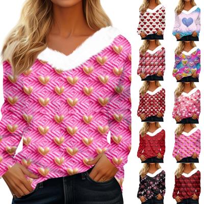 Damen T-Shirt mit Aufdruck „Valentine Love“ und V-Ausschnitt, langärmelig, lässig, lockeres Oberteil