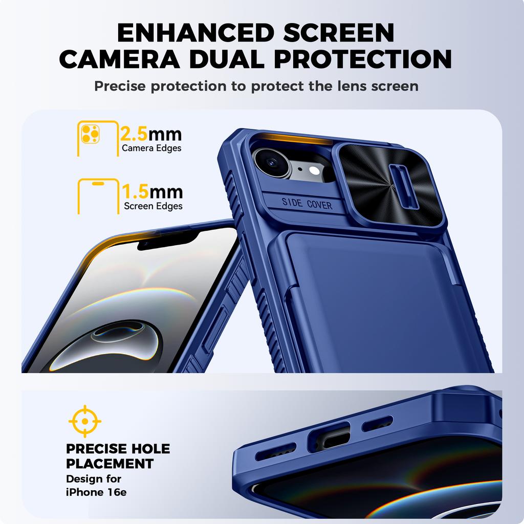 RFID Blocking Wallet Case with Card Holder Sliding Camera Cover PC+TPU Protective Case for IPhone 16e/iPhone 17e-Blue