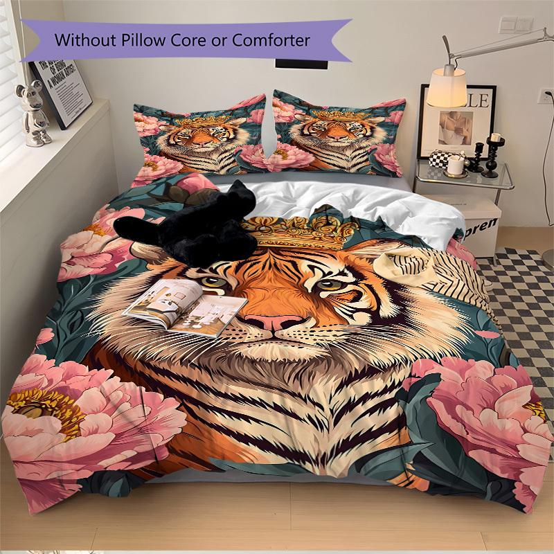 

3PCs Floral Tiger Portrait Design Cover Set, Breathable Fabric, Machine Washable (1 Duvet Cover + 2 Pillowcases) (Without Quilt) yy250911096 135x200cm
