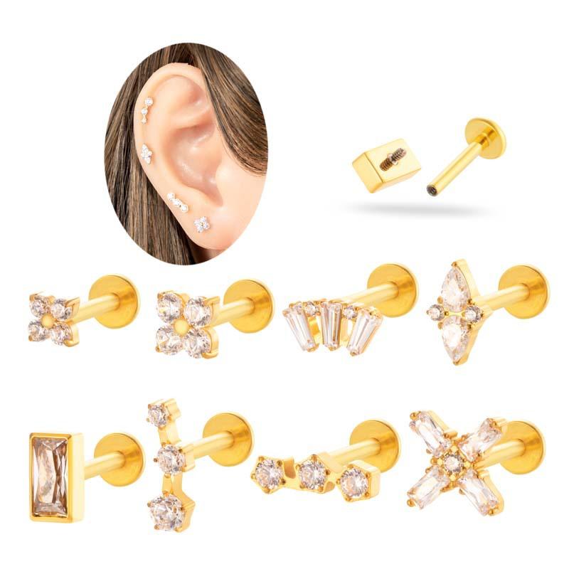 1 pièce G23 Titane Massif Filetage Interne Dos Plat Fleur CZ Clou de Tragus Cartilage Boucle d'Oreille Helix Rook Lobe Labret Bijou de Piercing