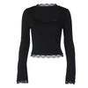 Women's Fashionable Lace,trimmed Square Neck Long,sleeved Slim,fit Versatile Top