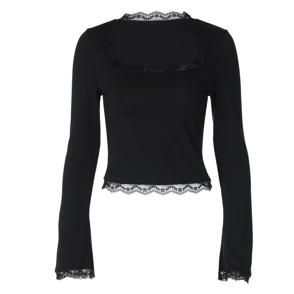 Women's Fashionable Lace,trimmed Square Neck Long,sleeved Slim,fit Versatile Top