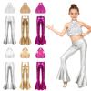 Girls Dance Performance Costume Set Sleeveless Shiny Sequin Backless Crop Top Elastic Waistband Bell Bottom Metallic Pants