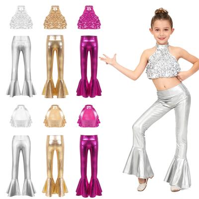 Ensemble de Costume de Spectacle de Danse pour Filles Sans Manches Brillant à Sequins Dos Nu Crop Top Ceinture Élastique Pantalon Évasé Métallique