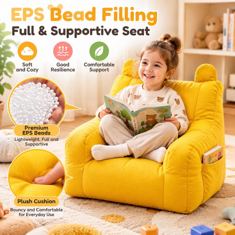 Kids Sofa Yellow Lazy Sofa with Bear-Ear Backrest and Side Pocket 38x38x35cm