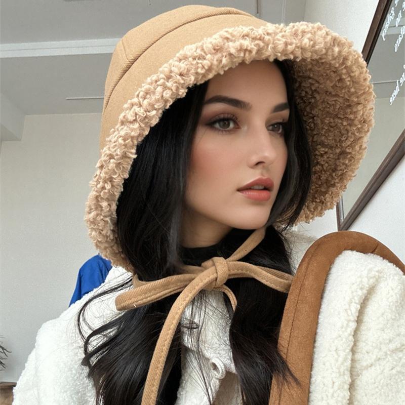 1PC Faux Shearling Warm Windproof Fashion Face Slimming Thickened Plush All-Match Bucket Hat Korean Women Winter 57.5cm