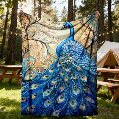 1pc Peacock Feathers Flannel Blanket, Comfortable and Warm Blanket, for Camping Sofa Bed and Couch Office026