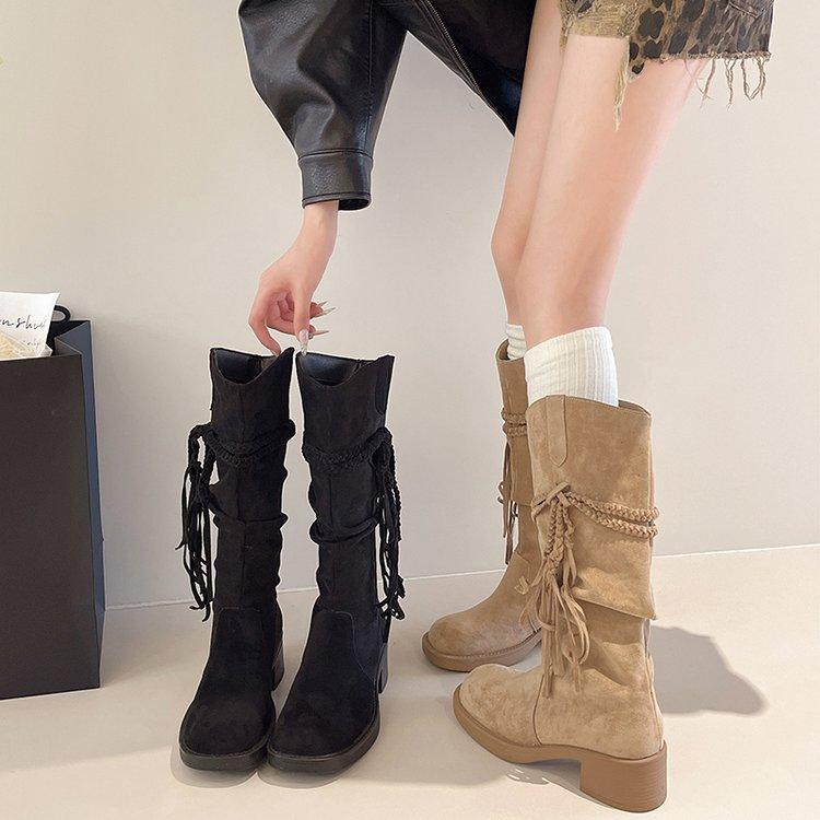 Sweet dream Cheng fat mm thick legs big tube circumference brown fringed knight boots high heels but knee long tube suede piled boots