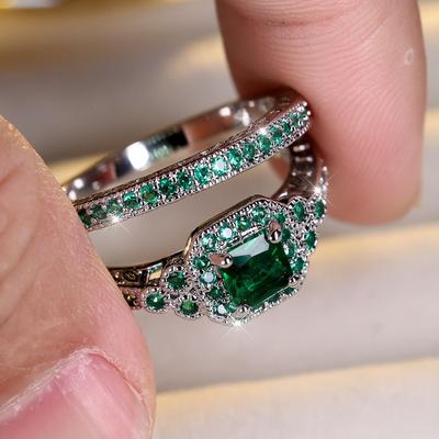 Luxury Female Green Zircon Stone Engagement Ring Set Cute Silver Color Wedding Jewelry for Women