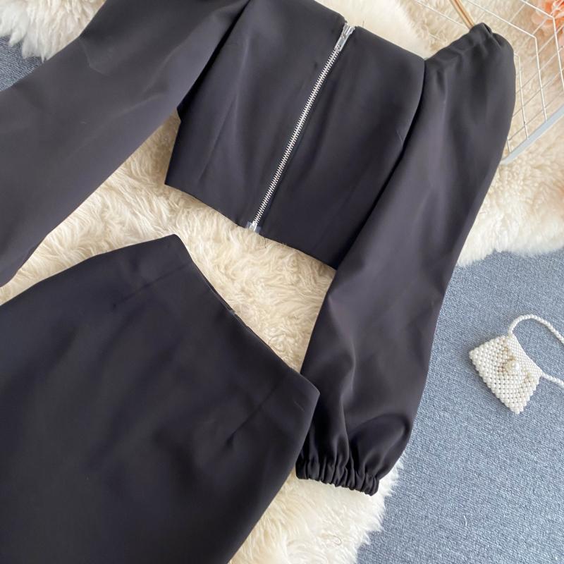 Autumn Retro Square Collar Temperament Bubble Sleeve Top Short High Waist Half-Body Skirt Celebrity Temperament Two-Piece Suit