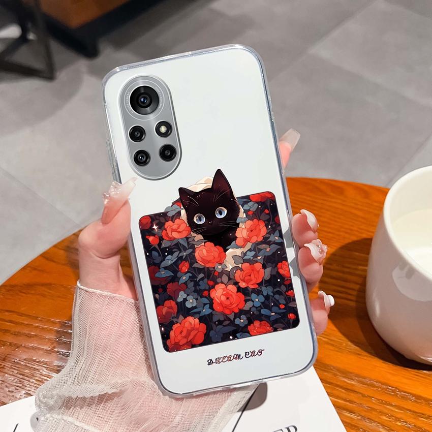 Case For Huawei Nova 8 9 10 11 Pro SE P Smart 2019 2020 Y60 Y70 Cute Black Cat Phone Cover Soft Slim TPU Shockproof Transparent Shell For Huawei Cases