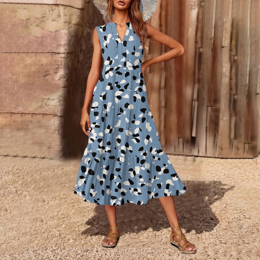 Lässiges und modisches ärmelloses Kleid mit V-Ausschnitt und mittellanger Bedruckung für Damen
