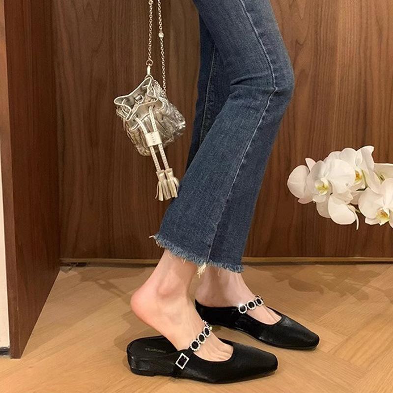 Grape Mother Summer New 4cm Inner Height Increase Square Head Word with Shallow Mouth Versatile Muller Half Slippers Women