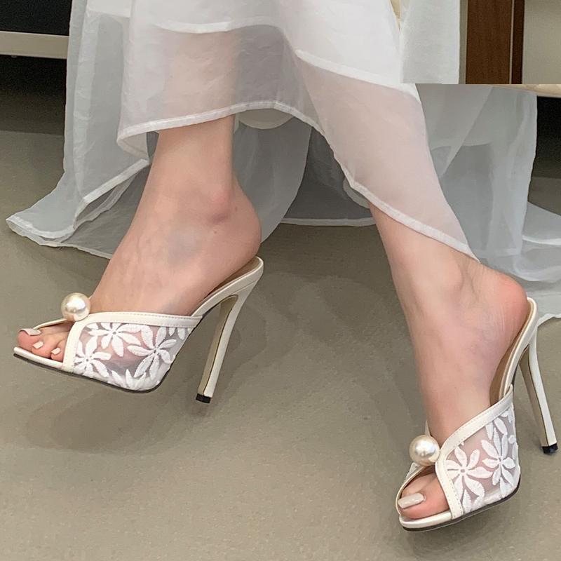 Pesstwei Sexy Thin High Heels Peep Toe Women Slippers Elegant Fashion Hollow Out Mesh Banquet Party Ladies Shoes