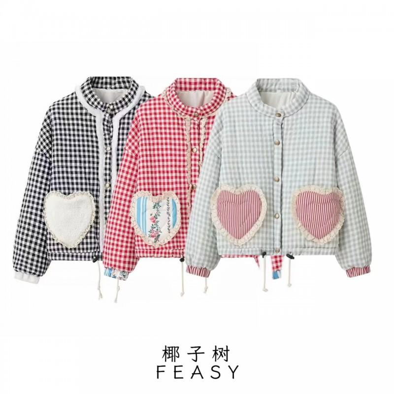 Damen Winter Streetwear Patchwork Karomuster Baumwollmantel Lockere Passform Runder Halsausschnitt Langarm Oberbekleidung