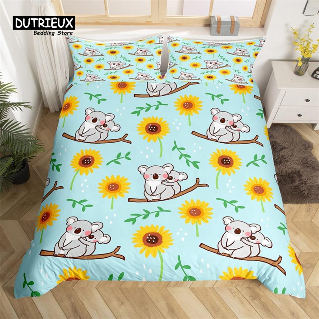 Cartoon Animal Duvet Cover Set Giraffe Elephant Sloth Tiger Zebra Monkey King Bedding Set Floral Lovely Animal Print Quilt Cover