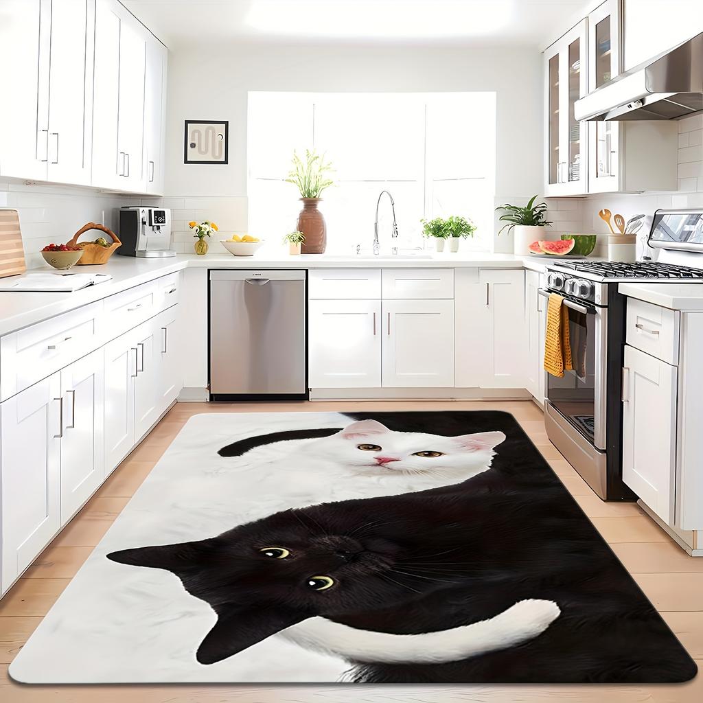 1Pcs Cute Cat Pattern Floor Mat Modern Kitchen Polyester Rug Non-Slip Colorful Indoor Carpet, For Home Bathroom Bedroom Living Room Decor