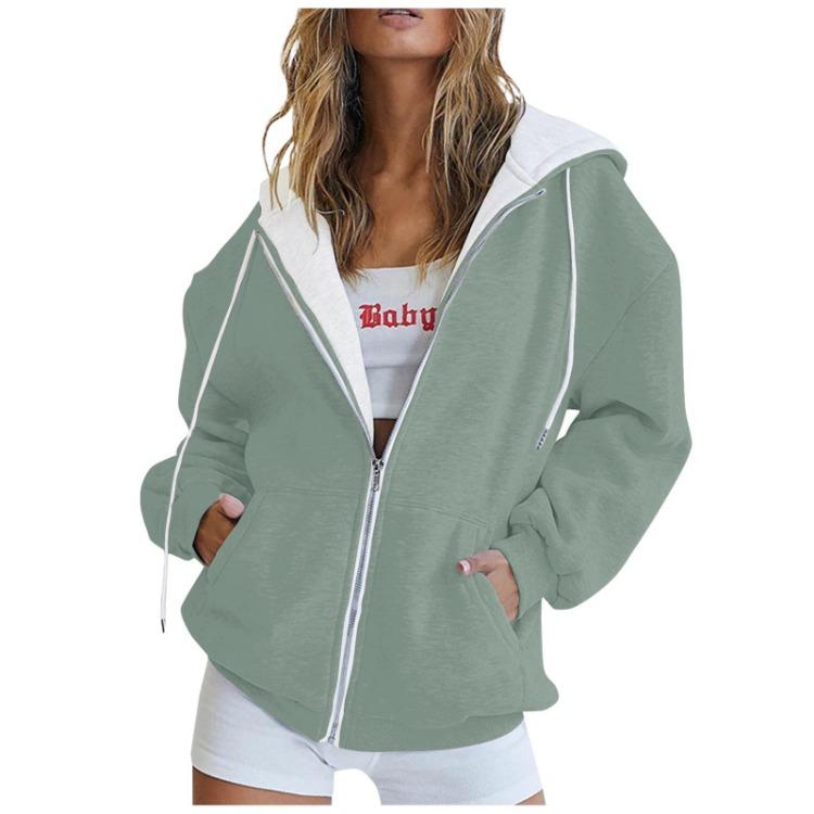 Women Casual Oversized Full Zip Hoodie, Contrast Liner Hooded Sweat Jacket, Soft Breathable Material Loose Outerwear with Pockets