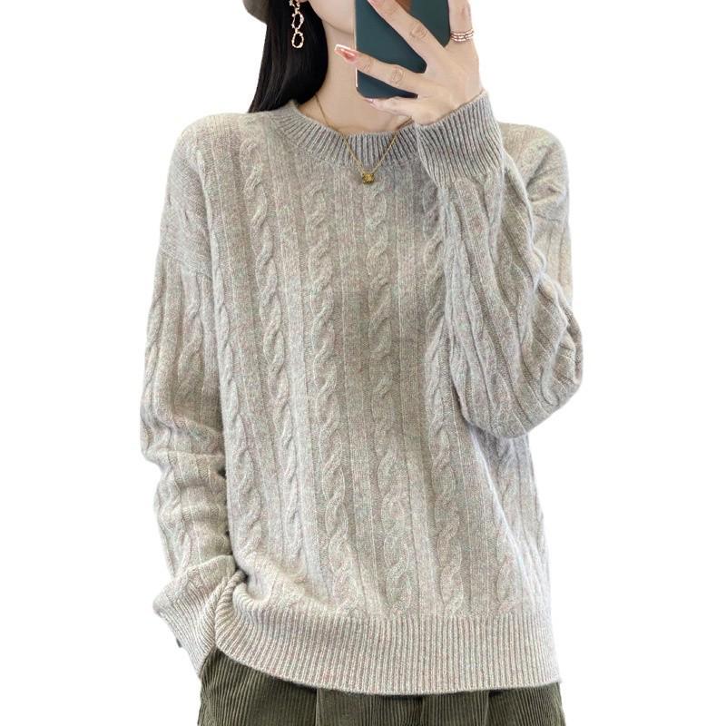Women's 2024 Autumn/Winter Wool Sweater: Round Neck, Thickened, Solid Color, Korean Style, Cable Knit, Elegant & Versatile Base Layer