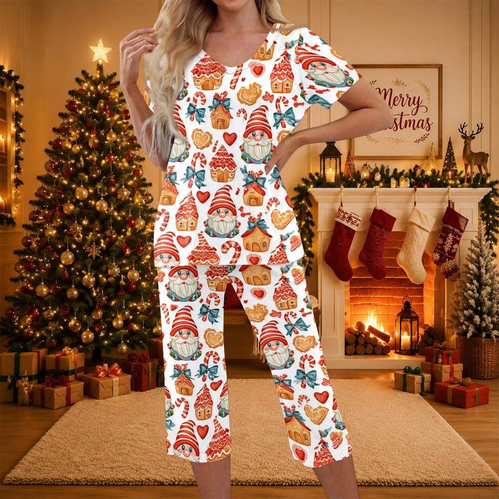 Women's Casual Christmas Print Two-Piece Outfit with Short Sleeve Top and Pants