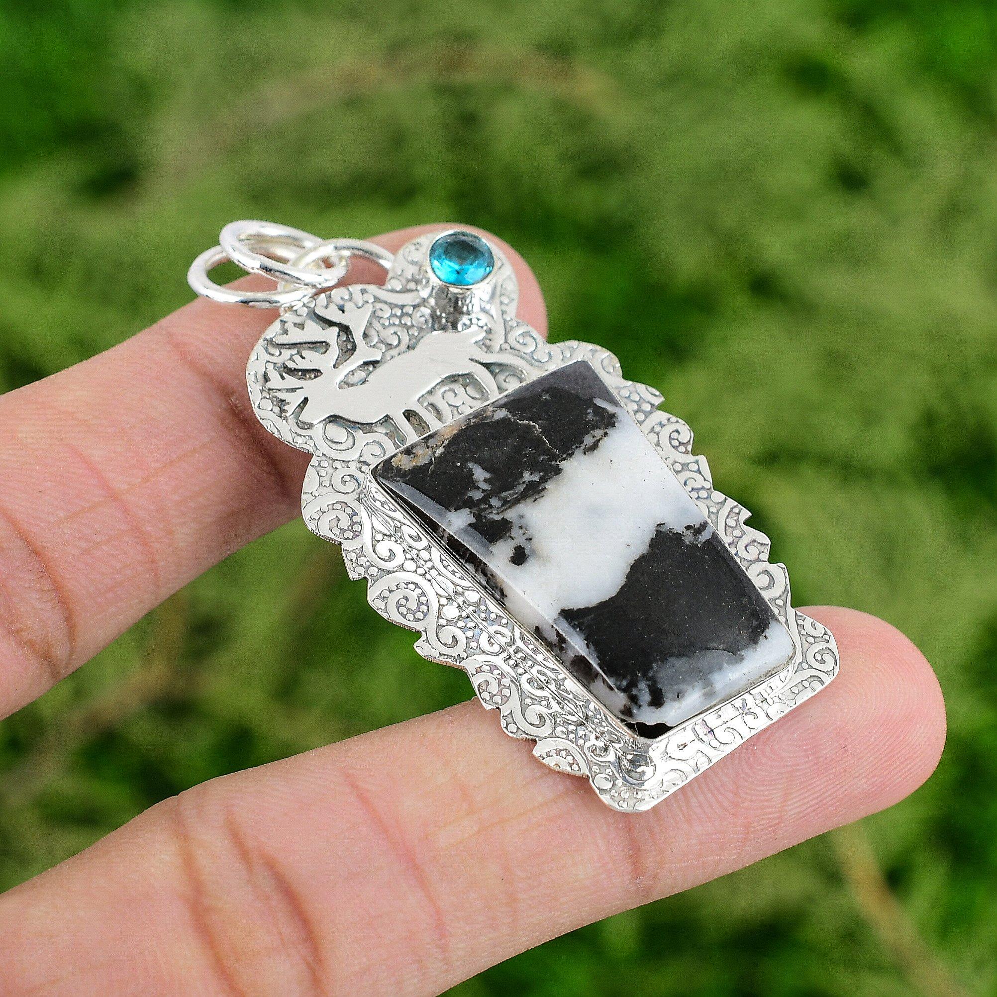 

Zebra Jasper Gemstone Swiss Blue Topaz Bezel Pendant Jewelry 925 Sterling Silver