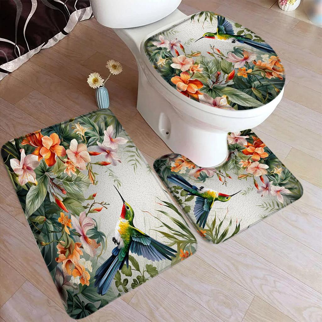 Hummingbird Bath Mat Set White Flowers Green Plants Birds Rustic Home Carpet Bathroom Decor Floor Rugs U-Mats Toilet Lid Cover