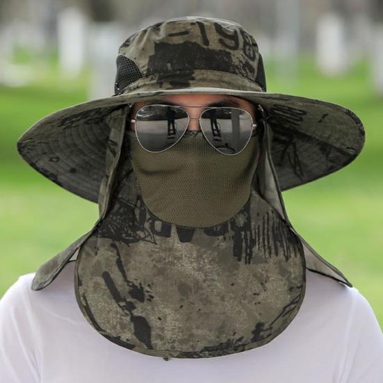 Chapeau de pêcheur pour homme avec large bord en maille creuse, imprimé camouflage, protection anti-UV contre les rayons du soleil, séchage rapide, grande respirabilité, extérieur