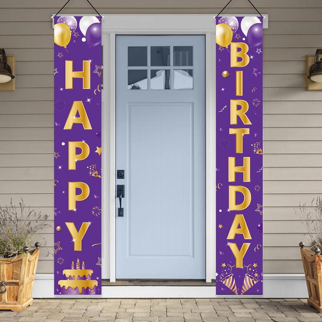 Purple Gold Happy Birthday Door Banner Decorations, Happy Birthday Porch Sign Party Supplies for Girls Women, 16th 21st 30th 40th 50th 60th Birthday