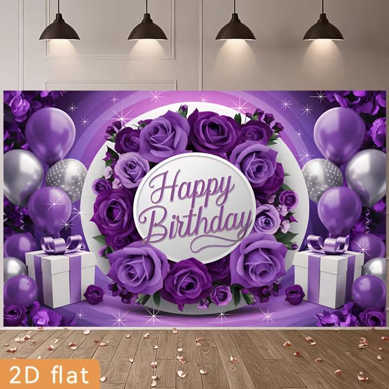2D Purple Silver Balloon & Rose Happy Birthday Backdrop Banner Photo Booth Background