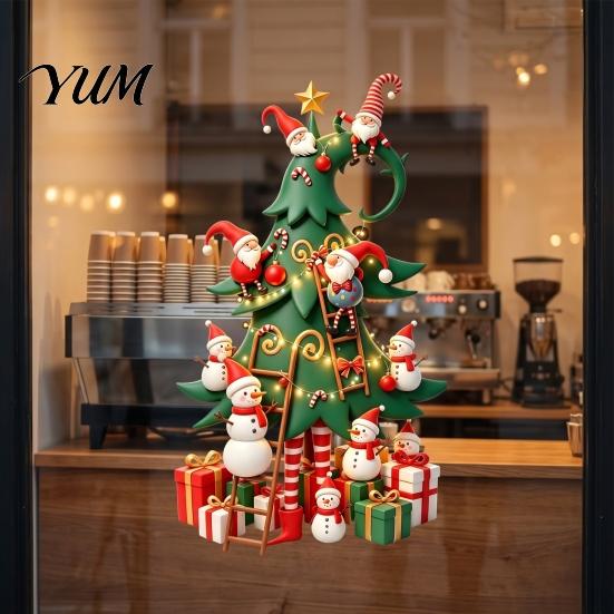 Easy Apply Christmas Window Film Tree Stickers with Gnome And Snowman, Removable Glass Stickers, PVC Durable Holiday Art Waterproof Wall Decor