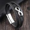 Schwarzes Lederseil-Armband mit 8 Unendlichkeitszeichen für Männer, modisches handgewebtes Armband, Edelstahlverschluss, verstellbares Lederband