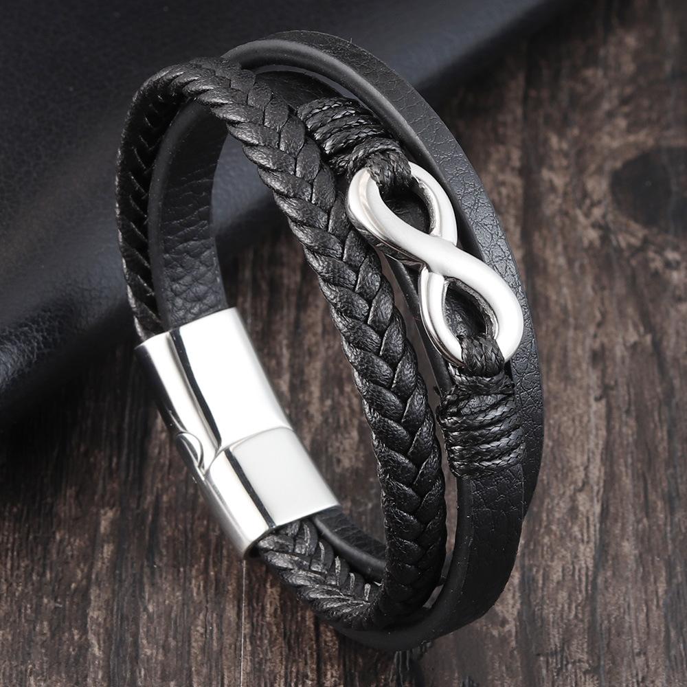 Schwarzes Lederseil-Armband mit 8 Unendlichkeitszeichen für Männer, modisches handgewebtes Armband, Edelstahlverschluss, verstellbares Lederband