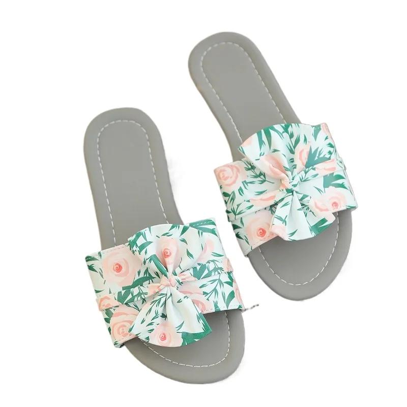 2025 Summer Open Toe Women's Slippers Printing New Outdoor Daily Plus Size Butterfly-knot Soft Bottom Flat Slippers