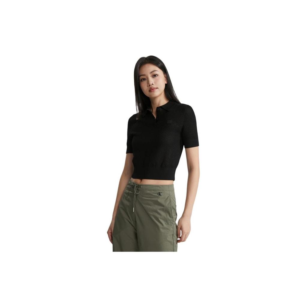 Calvin Klein Minimalist Square Logo Grid Polo Short Sleeve Knit Top Women Tops Space-Black J222971-BEH
