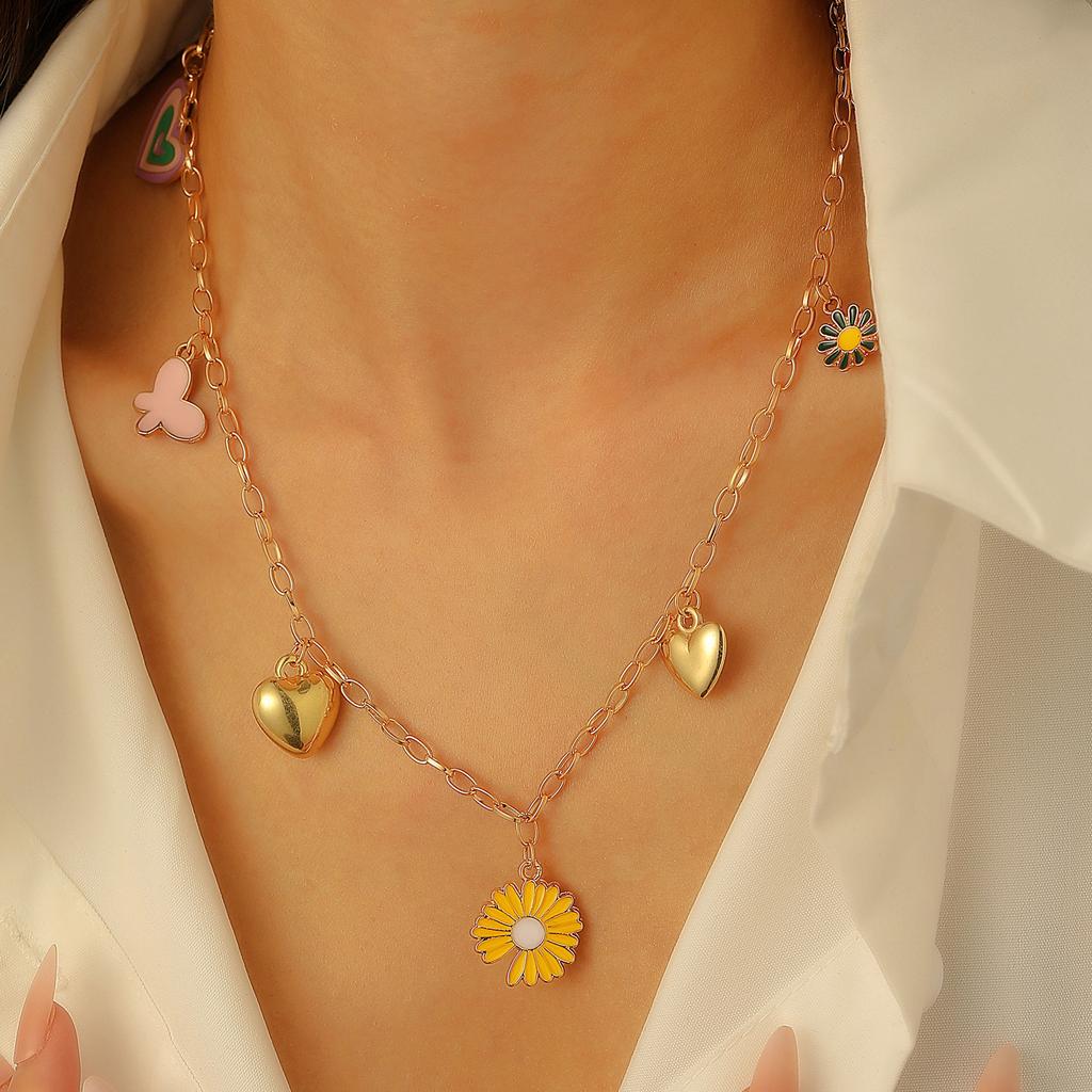 Multi Charm Chain Necklace with Rainbow Heart Butterfly and Lips Pendants for Women