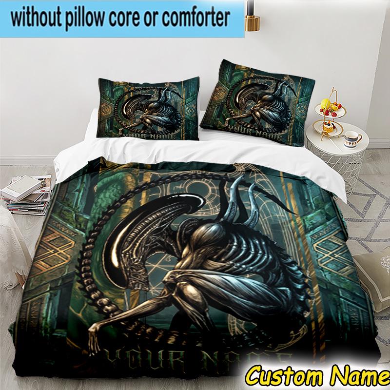 3pcs Custom Name Alien Artwork Bedding Set Includes 1 Duvet Cover & 2 Pillowcases for All Seasons Dormitory Home Decor Christmas Gifts