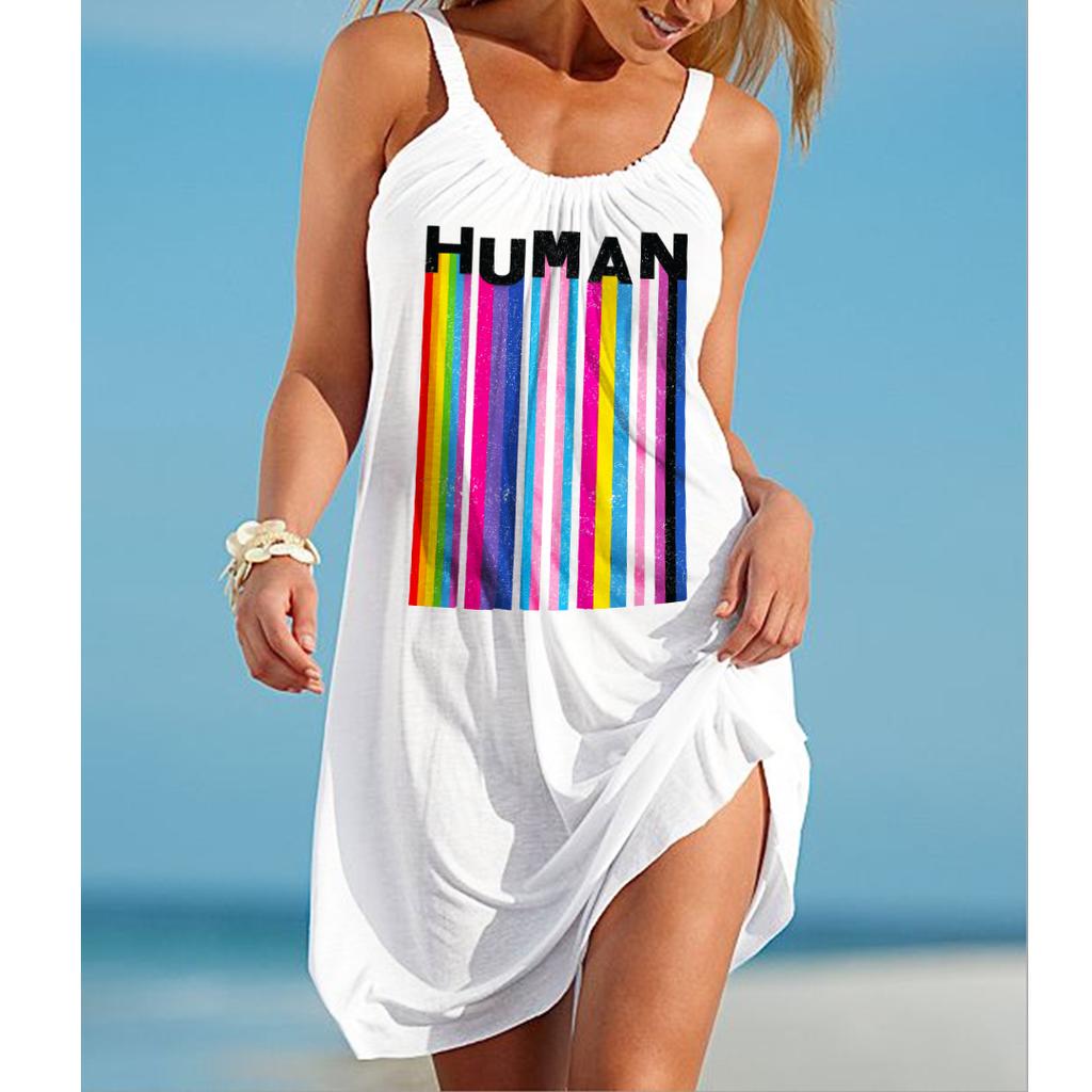 Vestido de verano para mujer, elegante, sin mangas, con estampado de arcoíris, estilo playero, estilo bohemio, con dobladillo