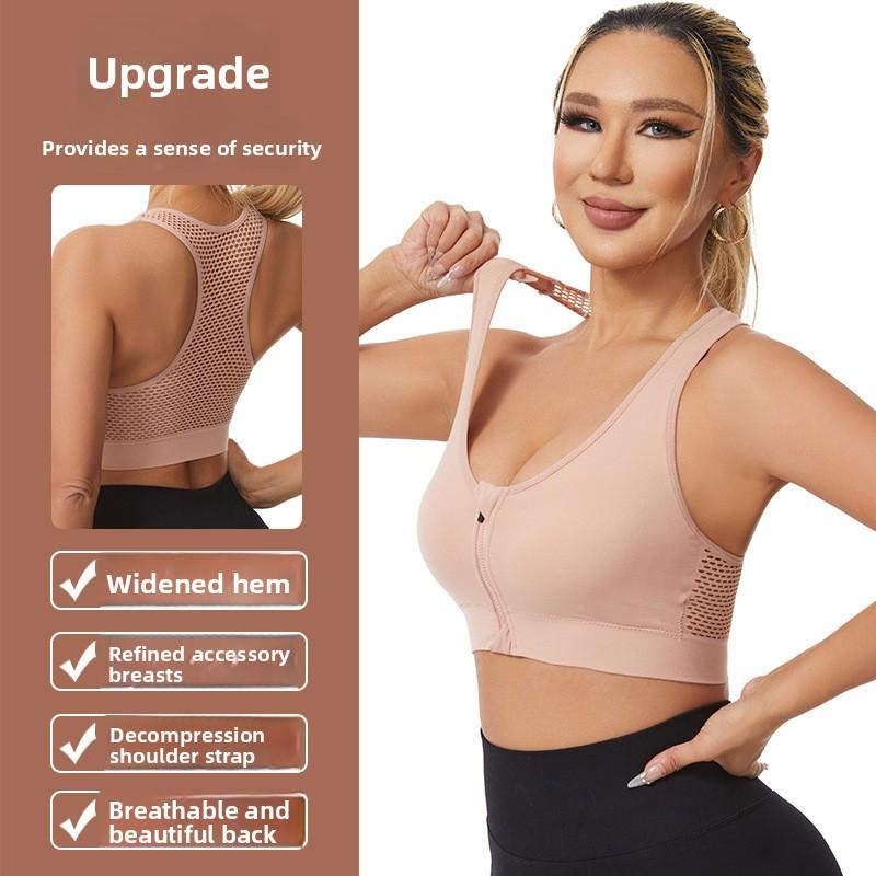 Hul Mesh Front Glidelås Sportsundertøy Kvinner Støtsikker Tanktopp Løping Yoga Fitness BH Skjønnhetsrygg Samlende Stor Størrelse