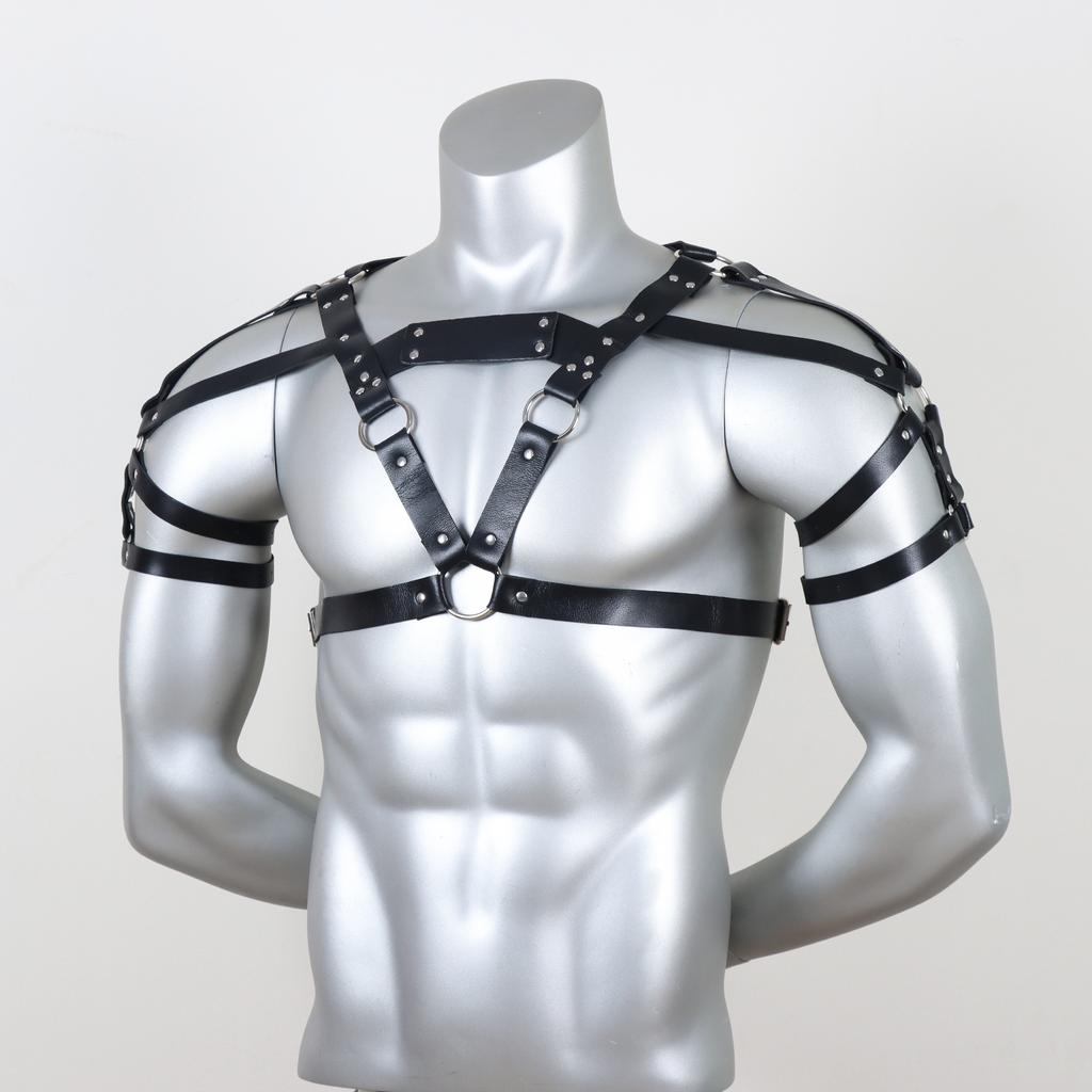 Men's Punk Waist Belt, Gothic Black Leather Chest Harness Adjustable With Buckles and O-Rings Costume Costume