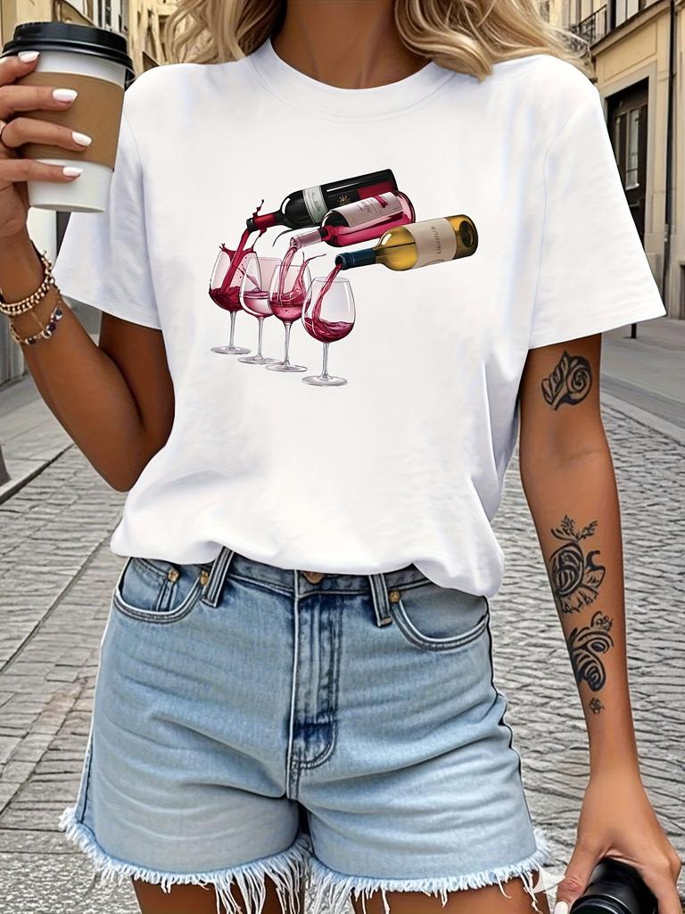 Unisexs Basic Crew Neck Wine Pouring Pattern Wine Tasting Party Leisure Social Season Summer Short Sleeved Harajuku Streetwear