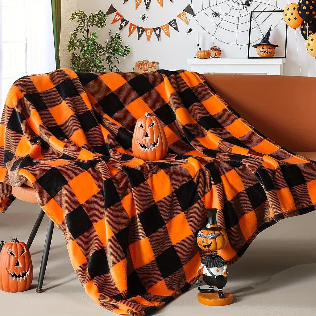 Halloween-Decke Orange Schwarz Kariert Weich Gemütlich Plüsch Festliches Design Heimdekoration Sofa Couch Wohnzimmer Feierparty Geschenk