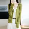 Elegant 100% Wool V-Neck Knit Cardigan Flared Sleeve Solid Color Single Button Top Women