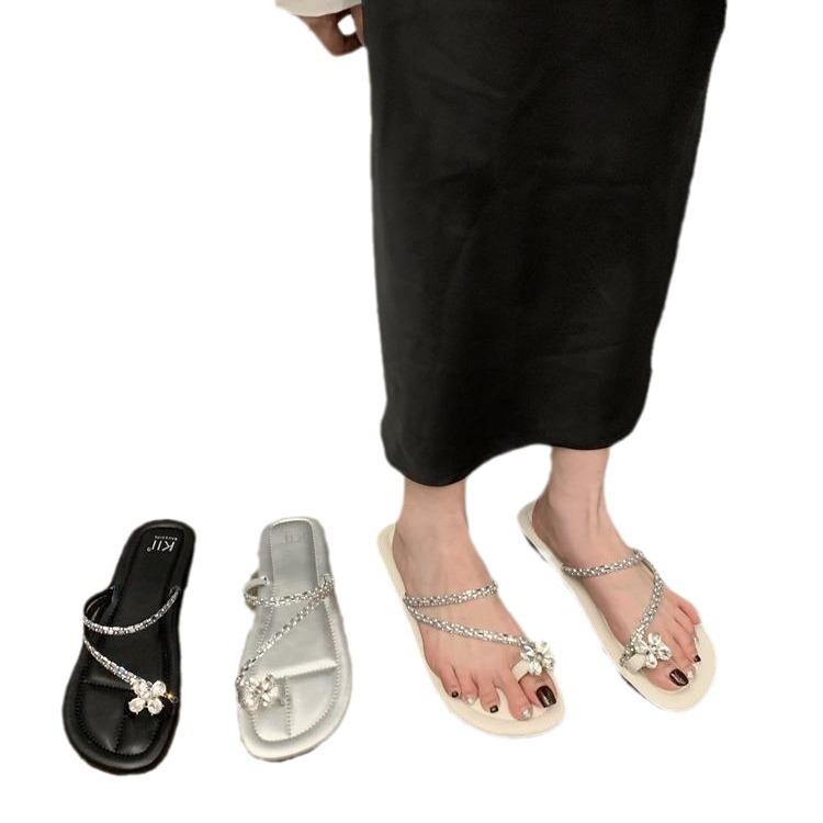 Flat-bottomed French set-toed small cool slippers fairy shoes 2025 new summer soft-soled with skirt rhinestone sandals